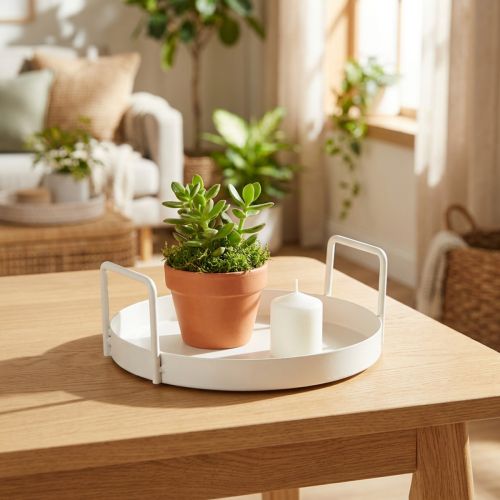 Plateau rond blanc en métal avec poignées, 18 cm | Floristik24.fr