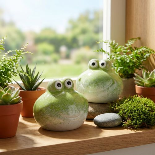 Article Figurines grenouille en céramique verte, décoration intérieure et bureau, lot de 2, 10 cm