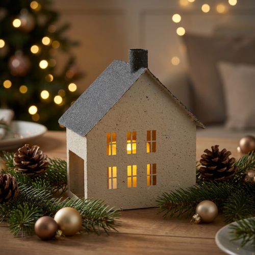 Lanterne Maison en Métal Gris et Beige 16 cm | Floristik24.fr