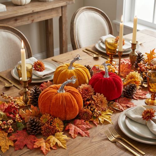 Article Ensemble de citrouilles en tissu pour décoration d'automne, 13 cm, orange, jaune et rouge, 3 pièces
