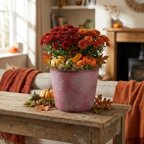 Pot décoratif en métal avec feuilles, rouge vin, Ø25,5cm x H22cm | Floristik24.fr