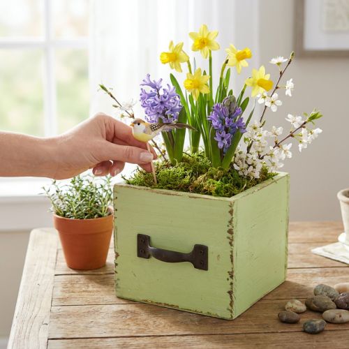 Pot cache-plante en bois effet tiroir vert pastel 12,5×12,5×10cm | Floristik24.fr