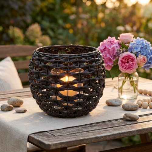 Photophore en panier tressé noir et brun Ø31cm H25cm | Floristik24.fr