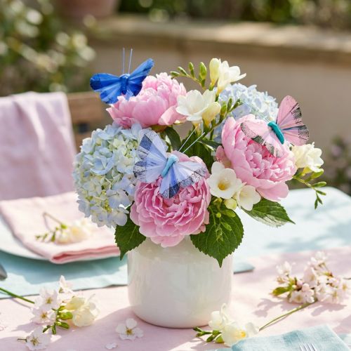 Dekoschmetterlings sur tige en plumes - Ensemble de 24, tons rose et bleu, 6 cm | Floristik24.fr