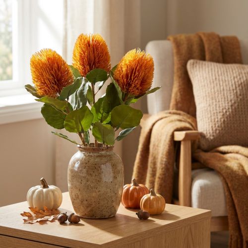Lot de 3 branches de fleurs artificielles Banksia orange 58 cm | Floristik24.fr