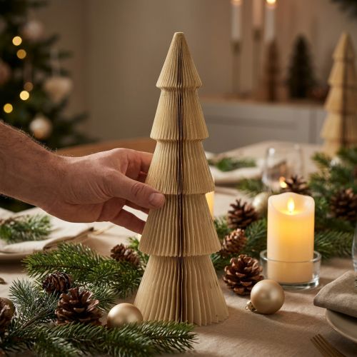 Sapin de Noël en Papier Crème et Or H30cm | Floristik24.fr
