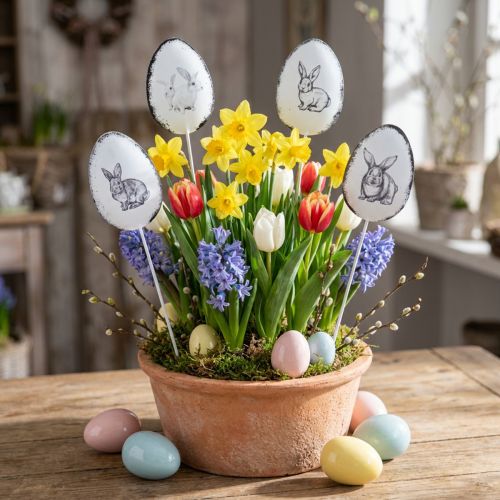Lot de 8 décorations en métal sur tige – Œufs de Pâques avec motifs de lapins | Floristik24.fr