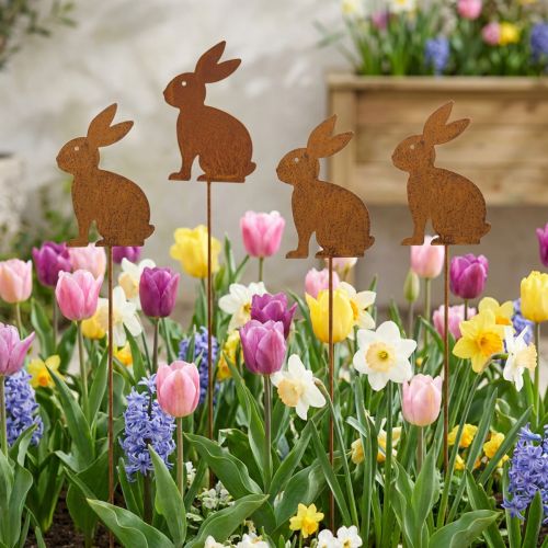 Lot de 4 piquets de jardin en métal silhouette lapin rouillée 11×15 cm | Floristik24.fr