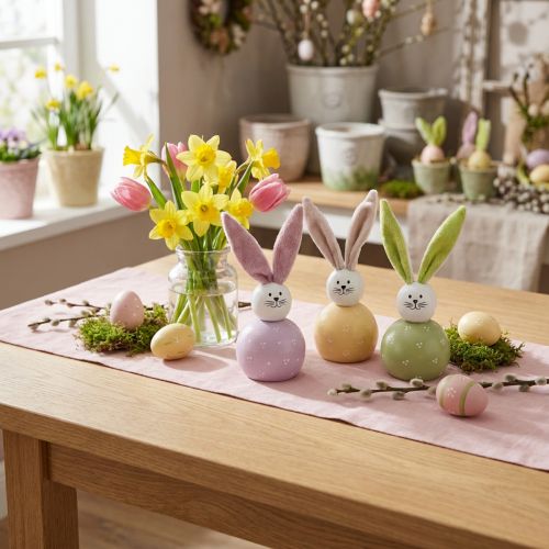 Figurines Lapins de Pâques en Bois avec Oreilles Flexibles – Lot de 3 – Rose, Vert et Jaune – 8 x 22 cm | Floristik24.fr
