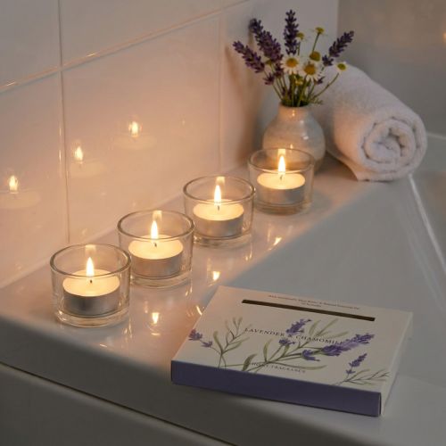 Lot de 12 bougies chauffe-plat parfumées lavande et camomille Ø3,5 cm | Floristik24.fr