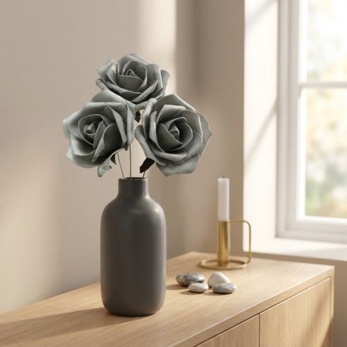 Article Lot de 4 roses artificielles en mousse grise Ø15cm avec tige