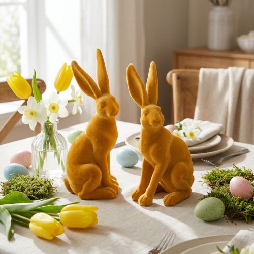 Figurines Lapins de Décoration de Pâques en Résine Jaune Curry H12,5 cm (Lot de 2) | Floristik24.fr