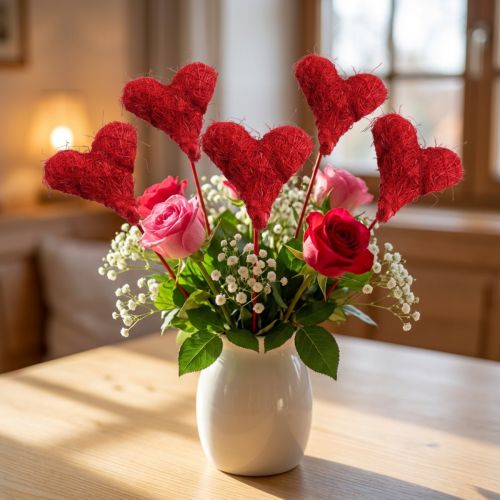 Cœurs en sisal rouge sur tige en bois – 5 cm – Lot de 24 | Floristik24.fr