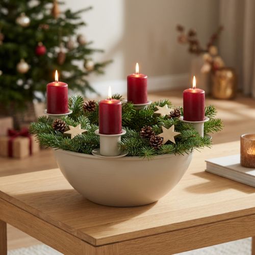 Coupe à bougies avec 4 supports pour bougies, 15 cm, plastique beige, centre de table de l'Avent moderne | Floristik24.fr