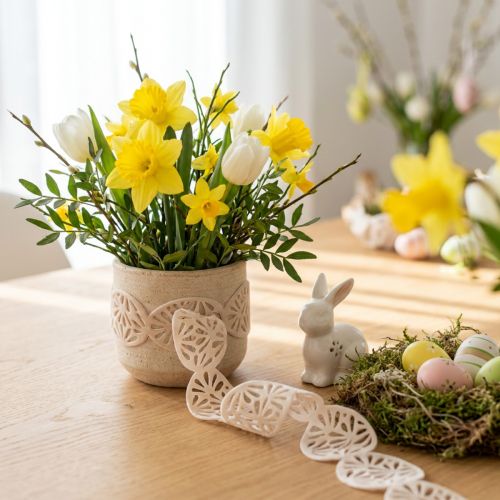 Ruban en Velours Décoratif Motif Œufs de Pâques Crème 40 mm x 5 m | Floristik24.fr
