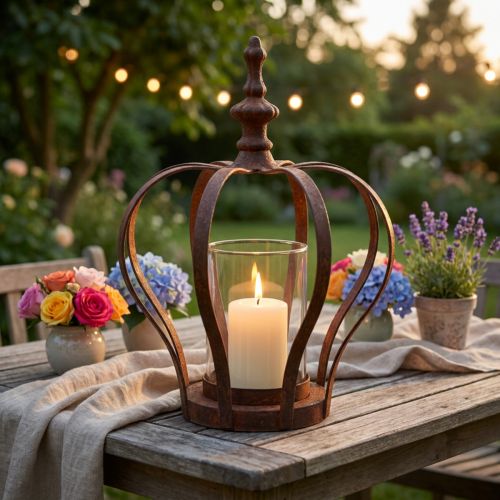 Lanterne couronne noir rouille avec verre bougie Ø14cm H18cm | Floristik24.fr