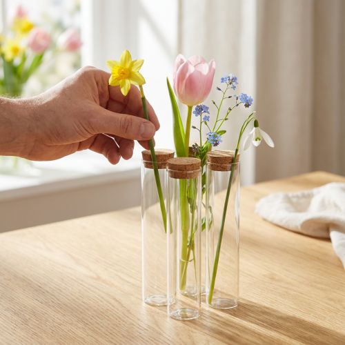 Vase en tube à essai en verre avec bouchon en liège Ø4cm H18cm - Lot de 6 | Floristik24.fr