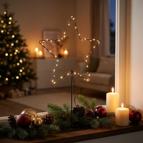 Étoile LED en métal noir avec socle, 46 cm, éclairage à piles | Floristik24.fr