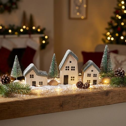 Village de Noël en bois, maisons et sapins, vert et blanc, 5 à 8 cm, set de 6 | Floristik24.fr