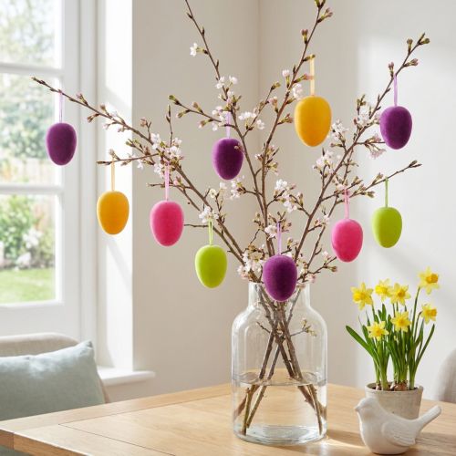 Œufs de Pâques à suspendre en couleurs vives, surface floquée, 9,5 cm, lot de 8 | Floristik24.fr