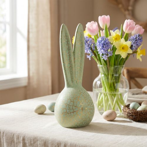 Tête de lapin décorative en céramique vert menthe et or effet craquelé H28 cm | Floristik24.fr