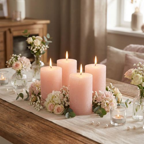 Bougies cylindriques roses teintées dans la masse 70×80mm - Set de 4 bougies décoratives | Floristik24.fr