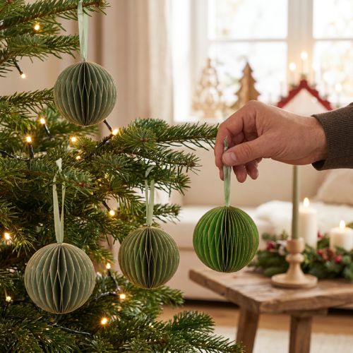 Lot de 4 boules alvéolées en papier vert et doré 7 cm | Floristik24.fr