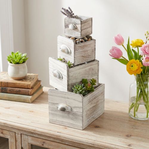 Article Boîtes à tiroirs en bois avec poignée – Set de 4 – Dimensions : 18, 15, 12, 9 cm – Blanc