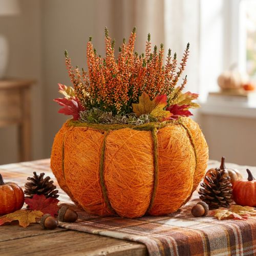 Pot décoratif citrouille en sisal orange et vert Ø21 cm H12 cm | Floristik24.fr