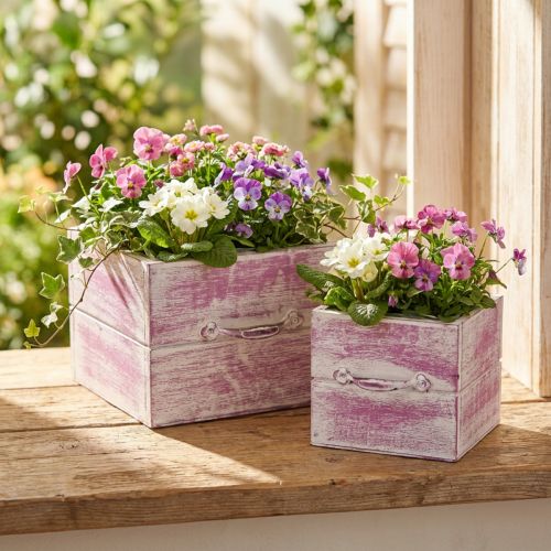 Set de 2 Cache-pots en Bois avec Poignée Vintage, Rose et Blanc | Floristik24.fr