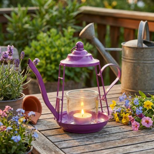 Photophore en Métal Forme Théière avec Éclairage Verre Rose Ø13cm H22cm | Floristik24.fr