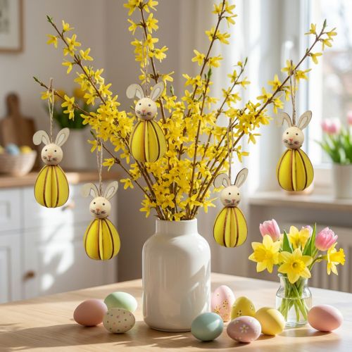 Décoration à Suspendre Lapins de Pâques en Bois Jaune - Lot de 8 | Floristik24.fr