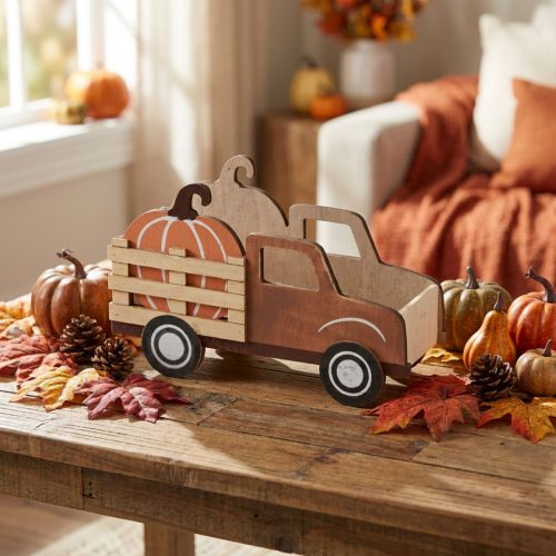 Camionnette en bois avec citrouille – Décoration d’automne 20×7,5×12,5 cm | Floristik24.fr