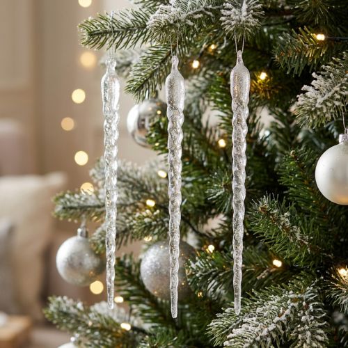 Eiszapfen décoratifs à suspendre en plastique transparent avec paillettes argentées 28 cm - Lot de 3 | Floristik24.fr