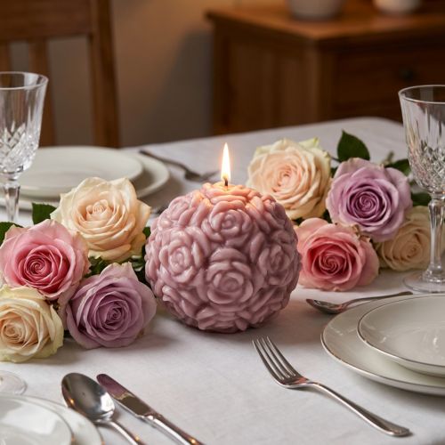 Bougie ronde sculptée roses en cire rose Ø 7 cm | Floristik24.fr