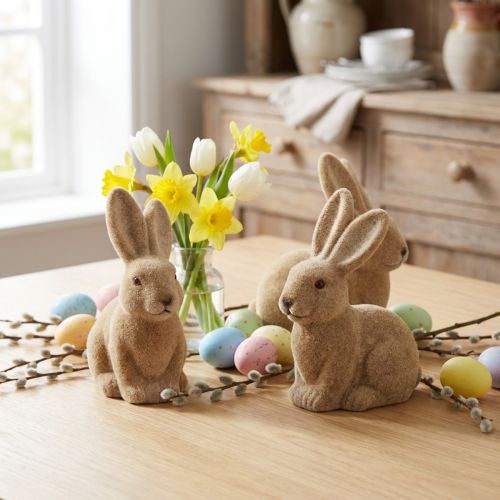 Duo de Lapins de Décoration Pâques Fini Velours 15 cm - Brun Clair | Floristik24.fr
