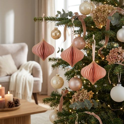 Pendants de Noël en papier rose et abricot 8 cm - Lot de 4 | Floristik24.fr