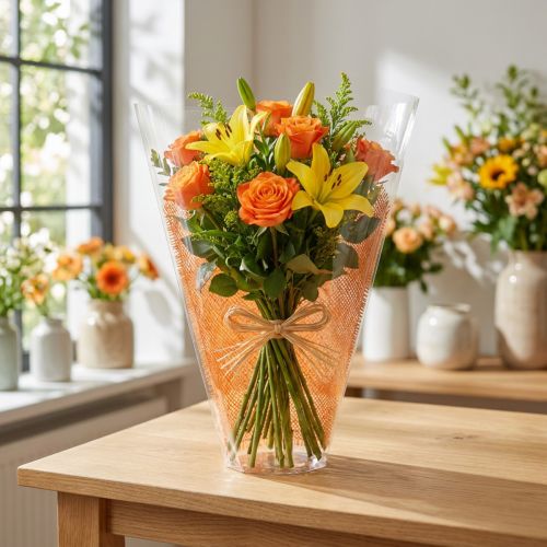 Sachet transparent motif jute orange pour bouquets - L40cm x l12-30cm - Lot de 50 | Floristik24.fr