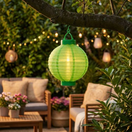 Lanterne LED solaire en nylon pliable vert Ø20 cm | Floristik24.fr