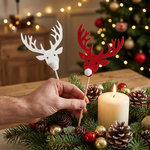 Décorations sur Tiges Rennes en Bois Rouge et Blanc 37 cm - Lot de 12 | Floristik24.fr