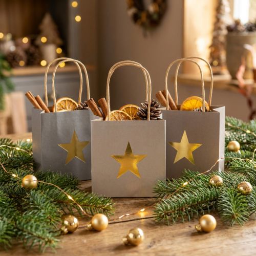 Article Sacs cadeaux en papier gris avec étoile dorée et poignées – Lot de 9