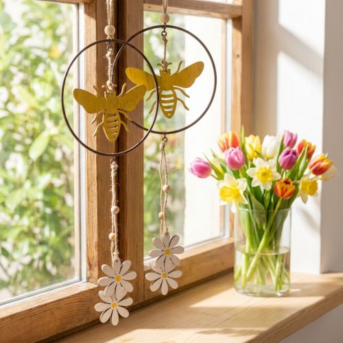Décoration suspendue anneau en métal avec abeilles et fleurs en bois, 12 cm, 44 cm, lot de 4 | Floristik24.fr