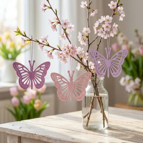 Décorations suspendues papillons en bois lila/rose 12 cm - Lot de 12 | Floristik24.fr