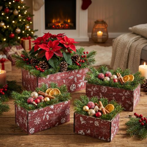 Lot de 4 jardinières en bois rouge motif Noël pour plantes d'intérieur | Floristik24.fr