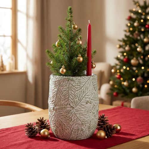 Cache-pot en céramique vert avec motifs de branches de sapin Ø12cm H17,5cm | Floristik24.fr