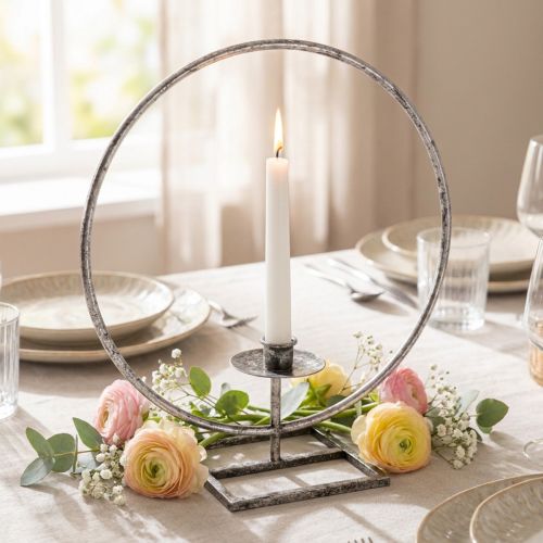 Porte-bougie en métal argenté style Shabby Chic Ø32 cm | Floristik24.fr