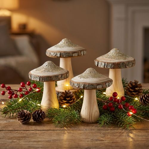 Set de 4 champignons décoratifs en bois avec écorce et paillettes dorées H 8,5 cm | Floristik24.fr