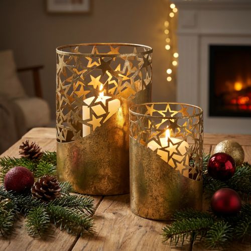 Lot de 2 photophores en métal étoilé effet feuille d'or Ø15 et 20cm | Floristik24.fr