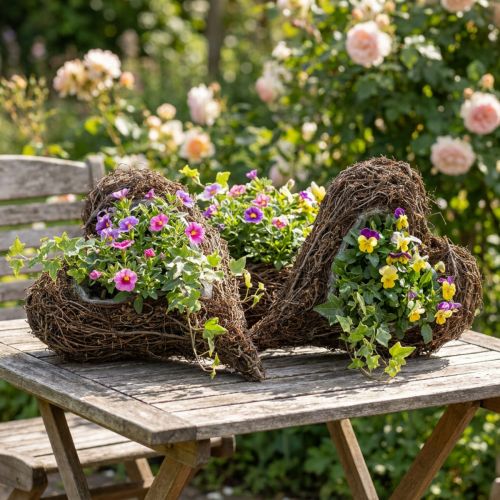 Cœur décoratif en bois et fil de fer, idéal pour décorer une table de jardin ou un mur. Lot de 3 pièces, 30 x 20 x 6 cm. | Floristik24.fr