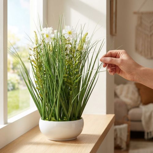 Herbe décorative avec fleurs de cosmos blanches en coupe H45cm | Floristik24.fr